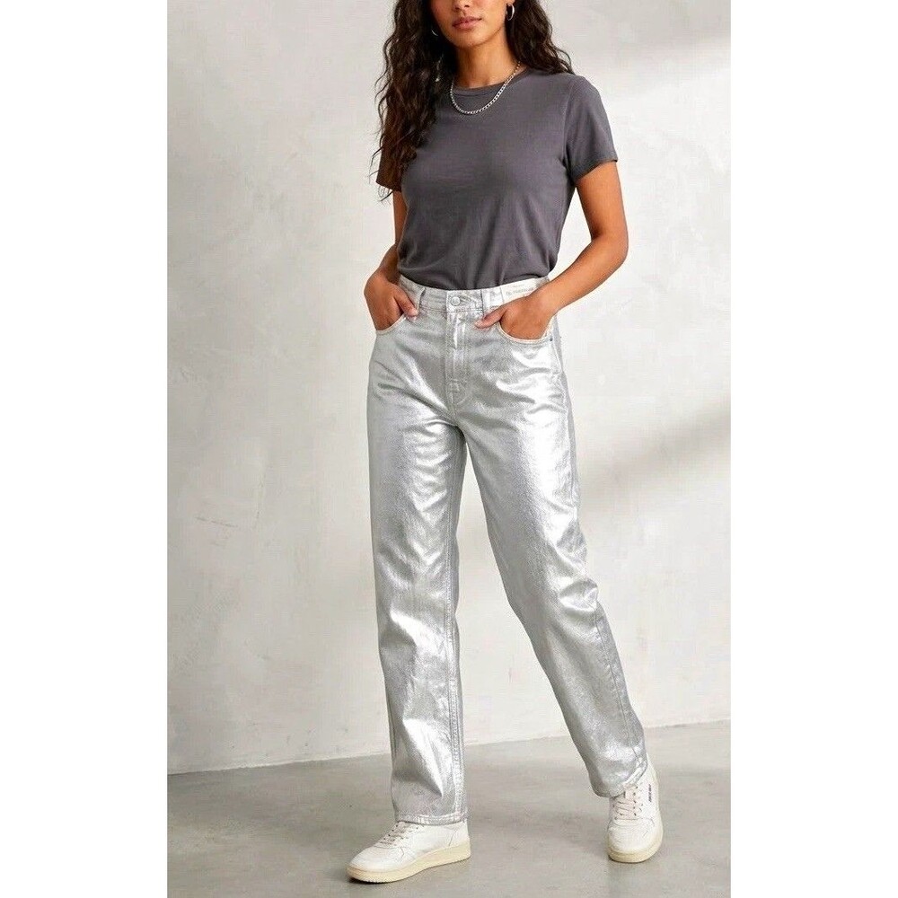 Abercrombie & Fitch Womens 90s High Rise Relaxed Straight Silver Denim Jeans 28